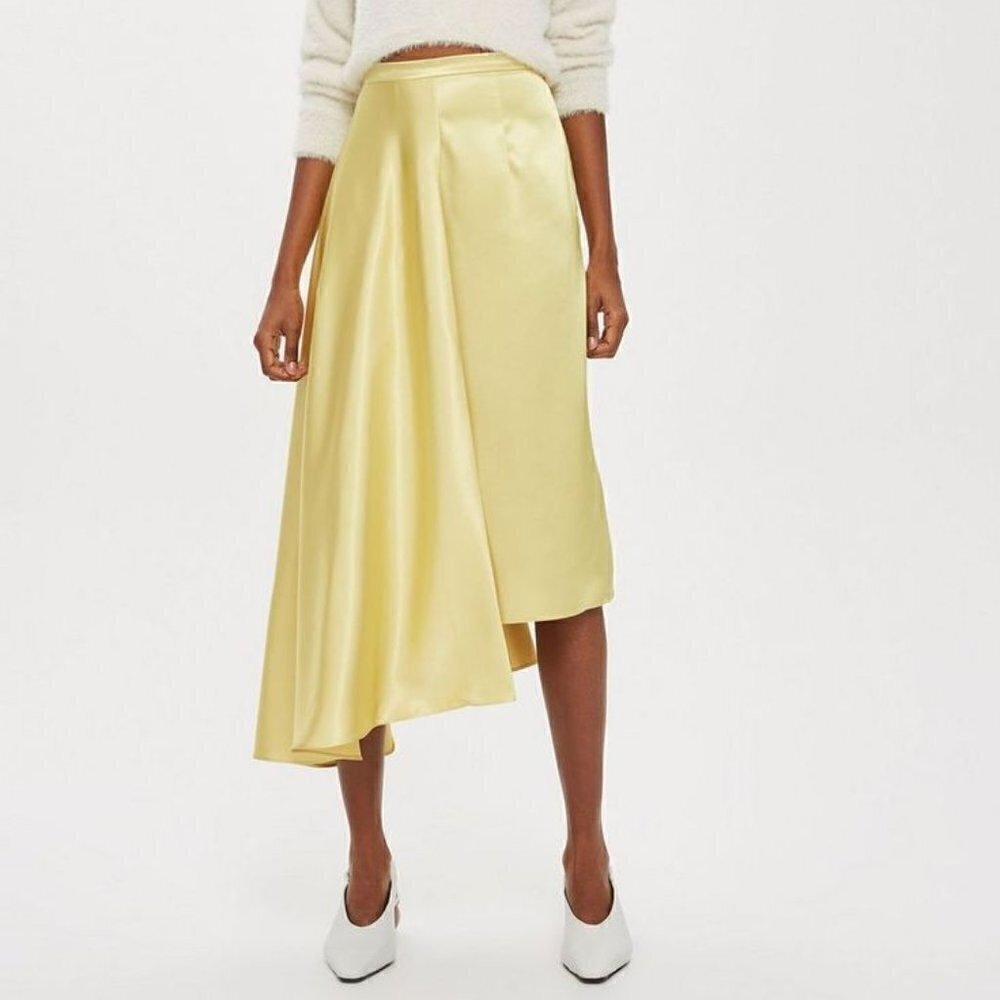 Topshop yellow Asymmetrical satin midi skirt size 6